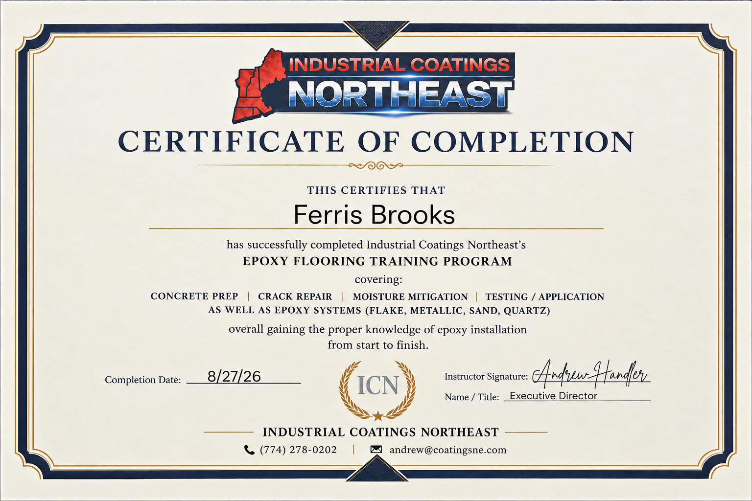Epoxy Flooring Training Program certificate of completion awarded to Ferris Brooks