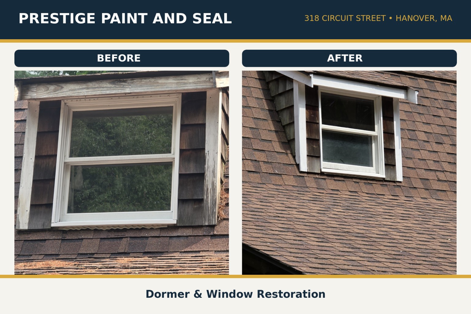 Before and after comparison of a dormer and window trim restoration completed by Prestige Paint and Seal in Hanover, Massachusetts