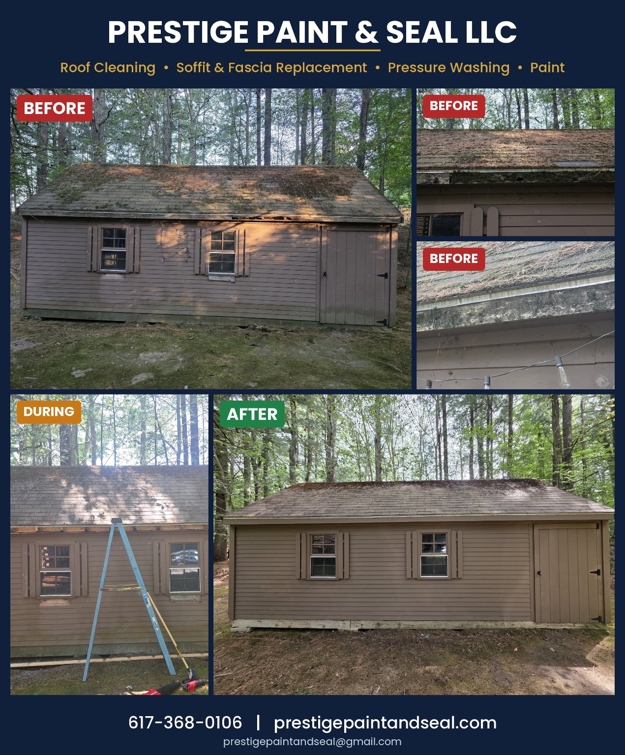 Before, during, and after views of a Prestige roof cleaning, fascia and soffit repair, pressure washing, and exterior painting project