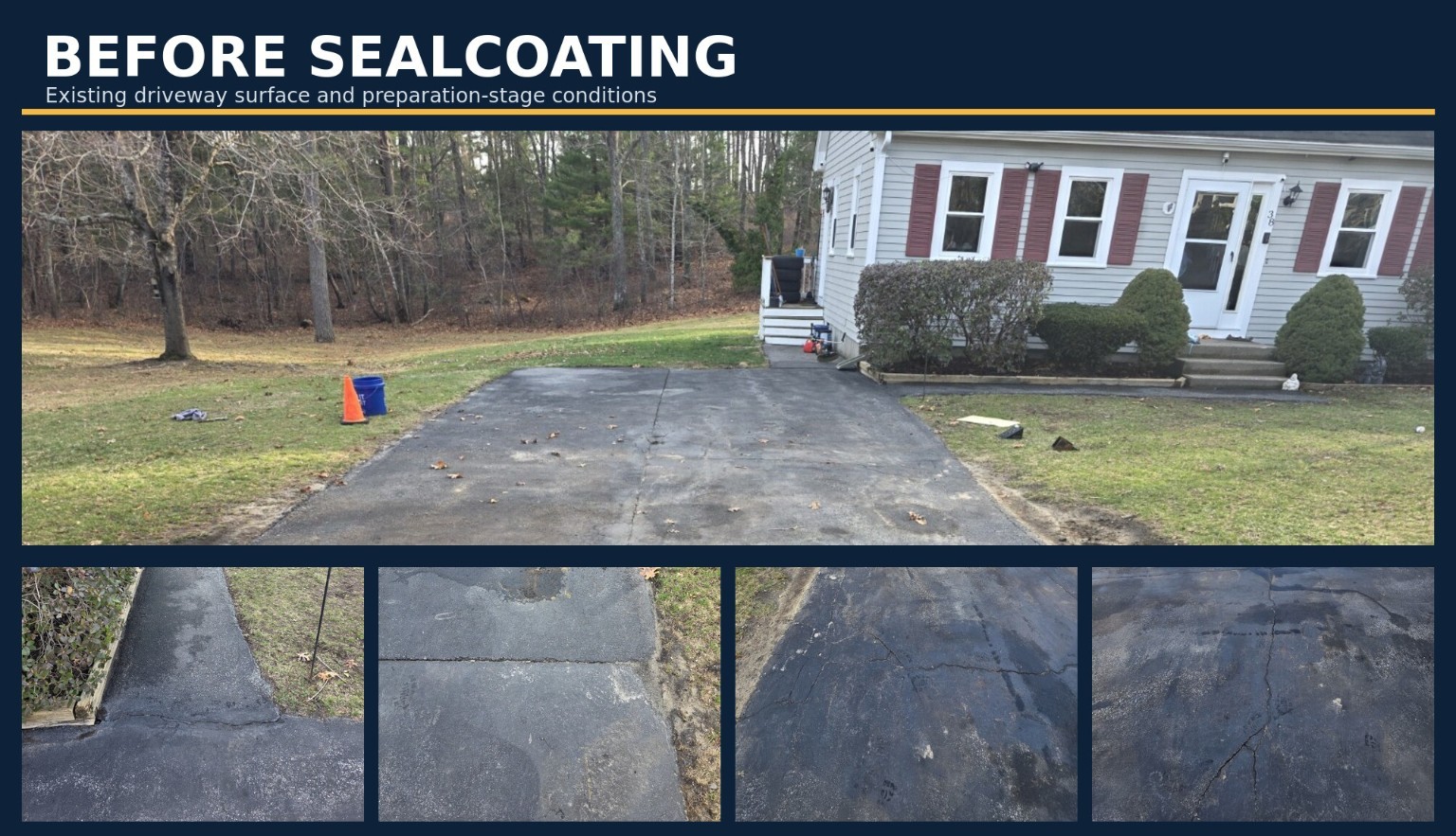 Before sealcoating: driveway overview and worn surface details